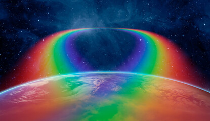 Earth day concept - Rainbow surrounds the Planet Earth 