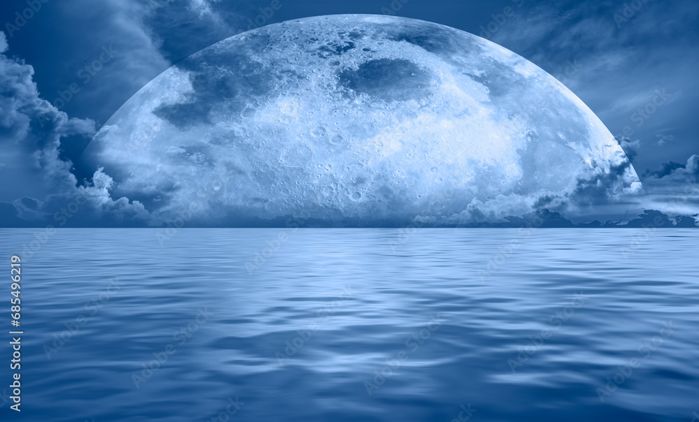 Poster night sky with full bright moon in the clouds 