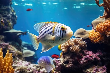 Naklejka na ściany i meble Vibrant Emperor Angelfish Exploring Coral Reef with Vivid Marine Life