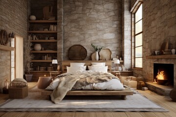 Cozy modern minimalistic scandinavian interior design of a spacious bedroom with wooden bed and...
