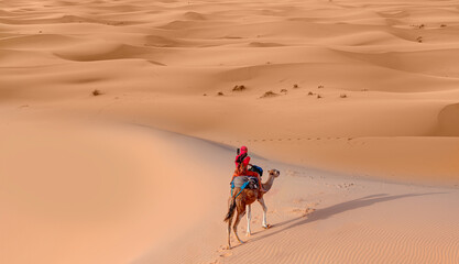 A woman in a red turban riding a camel across the thin sand dunes of the in Western Sahara Desert,...
