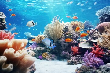 Naklejka na ściany i meble Underwater Landscape Vibrant Coral Reef Teeming with Marine Life and Sun Rays