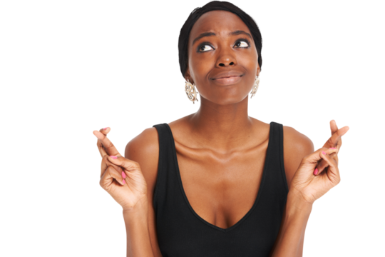 Woman, thinking and fingers crossed or winning luck for opportunity, hope sign or isolated transparent png background. Black person, hand gesture for prize optimism for wishing, waiting for lottery