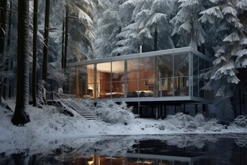 Chrome Glass-Walled Cabin in a Snowy Forest, Serene Winter Retreat Reflected in a Pond