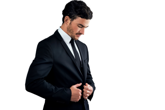 Fashion suit, business and man fix formal tuxedo, professional jacket or clothes for work wear, dress code or style. Menswear, fancy outfit and businessman isolated on transparent, png background
