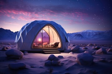 Aurora Borealis Camping Igloo Home, Luxurious Dome Shelter in Arctic Wilderness, Glamping Under Pink Skies - obrazy, fototapety, plakaty