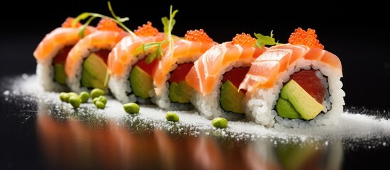 Salmon, cucumber, and avocado sushi roll with tobiko caviar.