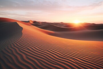 Fototapeta na wymiar Sunset Oasis: The Sun's Last Rays Casting Vibrant Colors Over Rippled Sand Dunes in the Desert at Golden Hour