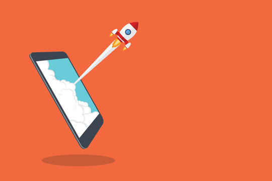 App launch. Startup vector concept, flat cartoon rocket or rocketship launch, mobile phone or smartphone, idea of successful business project start up, boost technology, innovation.	