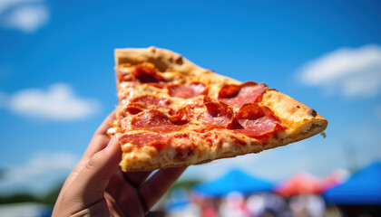 Slice of pizza held in front of the camera against a blue sky and blurred background