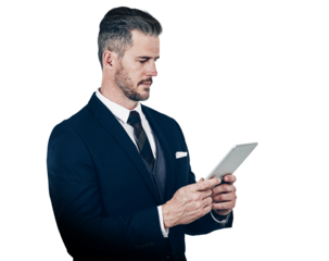 Businessman, reading and tablet by social media, internet or web for news, article or information. Person, holding and technology with internet connection.on isolated or transparent png background