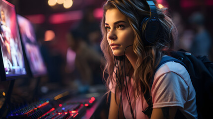 Captivating Gamer Girl Immersed in Gameplay: PC Console, Multi-Monitor Setup, Keyboard, Mouse, and Headphones, Illuminated by RGB LED Lights in a Stylish Gaming Room