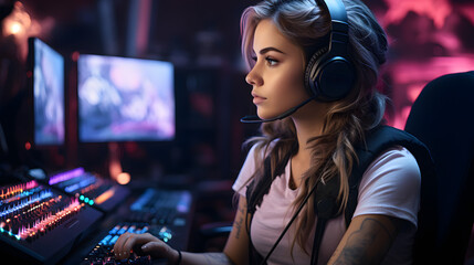 Captivating Gamer Girl Immersed in Gameplay: PC Console, Multi-Monitor Setup, Keyboard, Mouse, and Headphones, Illuminated by RGB LED Lights in a Stylish Gaming Room