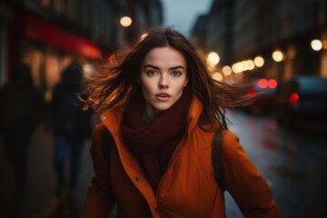 Young beautiful woman in an orange coat on a city street at night