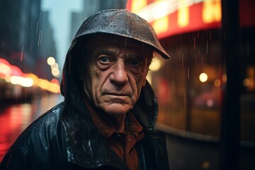 Portrait of an elderly man with a cap in the rain.