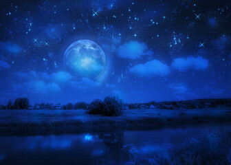 Fototapeta na wymiar Blue full moon over night river