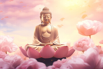 Glowing golden buddha meditating on a lotus, heaven cloud background