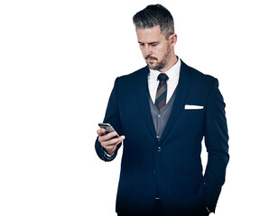 Businessman, texting and smartphone for communication, message or email for online consultation....