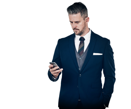 Businessman, texting and smartphone for communication, message or email for online consultation. Manager, technology and connectivity by cellular network on isolated or transparent png background
