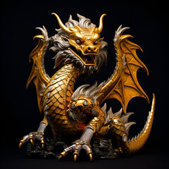 Fototapeta premium Golden dragon statue on black background. Chinese dragon statue on black background. AI.
