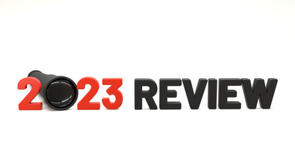 2023 Year in review banner.  Yearly appraisal concept. Annual overview of just-ended year. Typography with telescope on white background. End of year recap. - obrazy, fototapety, plakaty
