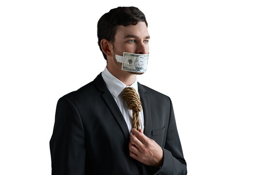 Businessman, bribe and money tape for corporate fraud, corruption or isolated on transparent png background. Noose for laundering funds, silent or financial crime in accounting firm for personal gain