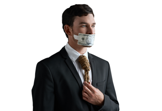 Businessman, bribe and money tape for corporate fraud, corruption or isolated on transparent png background. Noose for laundering funds, silent or financial crime in accounting firm for personal gain