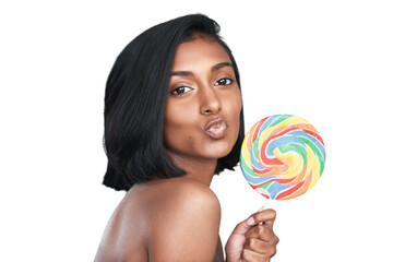 Happy woman, portrait and kiss with rainbow lollipop or sweet candy isolated on a transparent PNG...