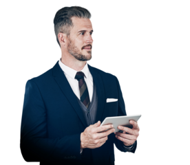 Business man, thinking and tablet for idea with professional isolated on a transparent png background. Confident male person with tech for connection, internet app and communication for corporate job
