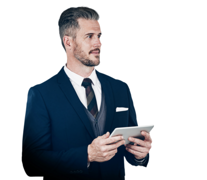 Business man, thinking and tablet for idea with professional isolated on a transparent png background. Confident male person with tech for connection, internet app and communication for corporate job