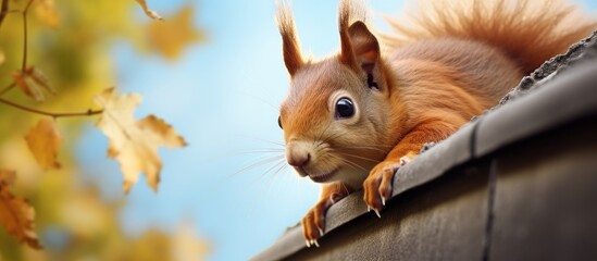 Squirrel hiding on roof gutter ledge. - obrazy, fototapety, plakaty
