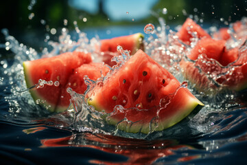 Water splashing on sliced of watermelons.