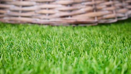 Close-up of beautiful green grass and a wicker basket blurred in the distance