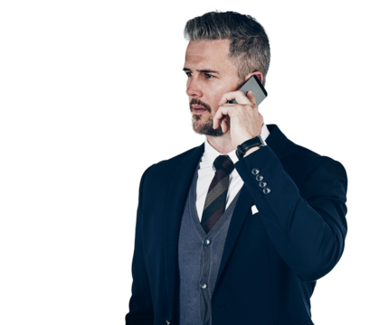 Phone call, business and man with communication, employee and agent isolated on a transparent background. Person, model and worker with a smartphone, png and connection with network and digital app