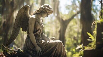 Sad angel statue in sunny day daylight at graveyard with trees - obrazy, fototapety, plakaty