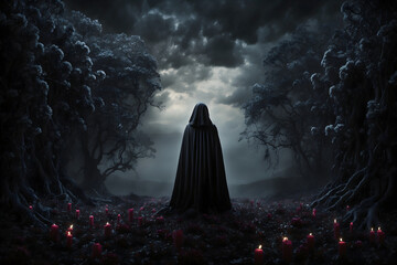 A man or woman in darkness with his back turned and wearing a hood - obrazy, fototapety, plakaty