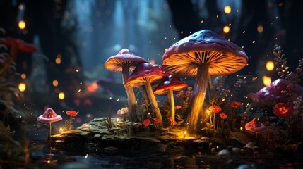 An atmospheric close-up image of vibrantly glowing magic mushrooms growing in a dark fantasy enchanted fairy-tale forest.