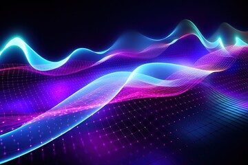 illustration of abstract background of futuristic corridor with purple and blue neon lights wave speed light