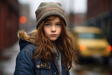 A portrait of a beautiful little girl outdoors in the city on a cold winter day.