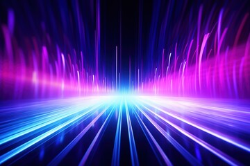 illustration of abstract background of futuristic corridor with purple and blue neon lights wave speed light