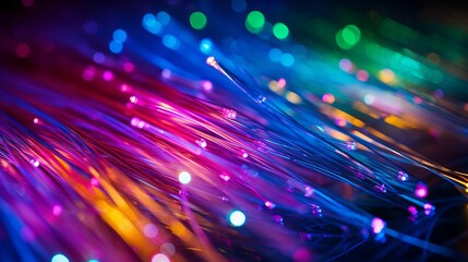 a close-up macro image of multicolored vibrantly glowing optical fiber. Abstract background