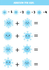 Addition for kids with different cute cartoon blue snowflakes.