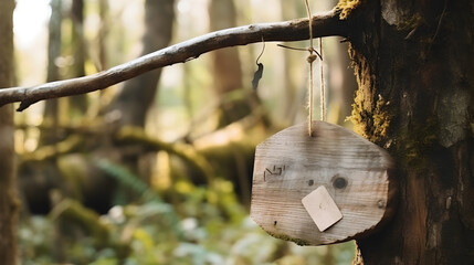 light wood signboard hanging on a dead branch. Generative AI.
