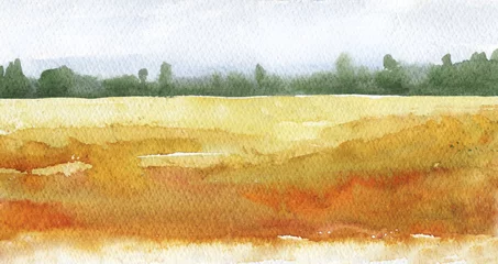 Fotobehang Watercolor abstract landscape with autumn trees and yellow grass field, minimalist style hand drawn illustration © Ghen