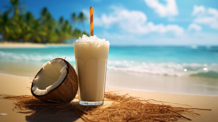 Fresh coconut cocktail on the beach with palms in background.