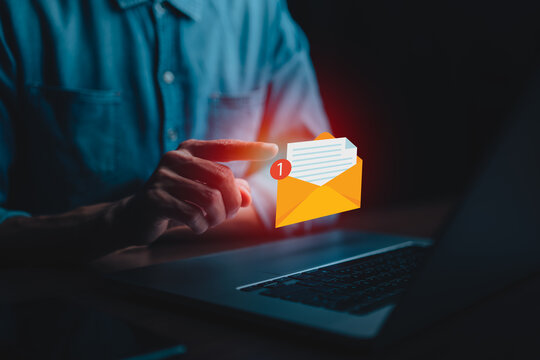 New email notification for business e-mail communication and digital marketing campaign. email inbox receiving electronic message alert. businessman touching email, internet technology concept.