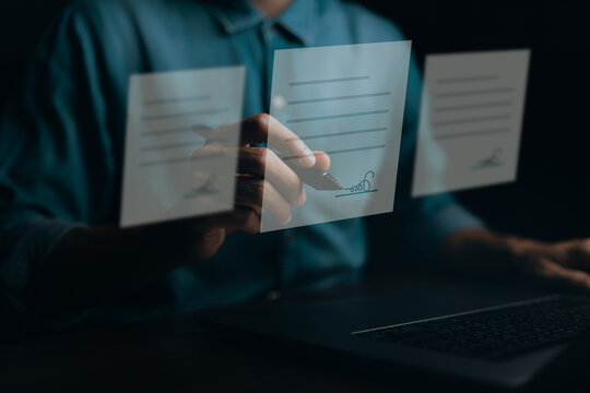 Electronic signature and paperless office concept. e-document management Paperless workplace, e-signing, digital document management, paperless office, signing business contract concept.