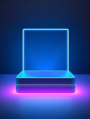 Abstract neon banner with pedestal. 3d podium with blue neon square. Abstract background for promotion goods, with blank space, copy spac and generative ai