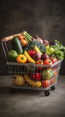 A grocery cart filled with fresh fruits and vegetables. Concept of proper nutrition, healthy eating, and a balanced diet.