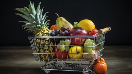 A grocery cart filled with fresh fruits and vegetables. Concept of proper nutrition, healthy eating, and a balanced diet.